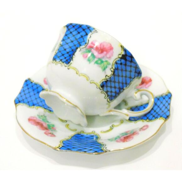 VTG Nippon Yoko Boeki TEA CUP & SAUCER SET Blue Fishnet Panel Pink Flower Japan - Picture 4 of 4